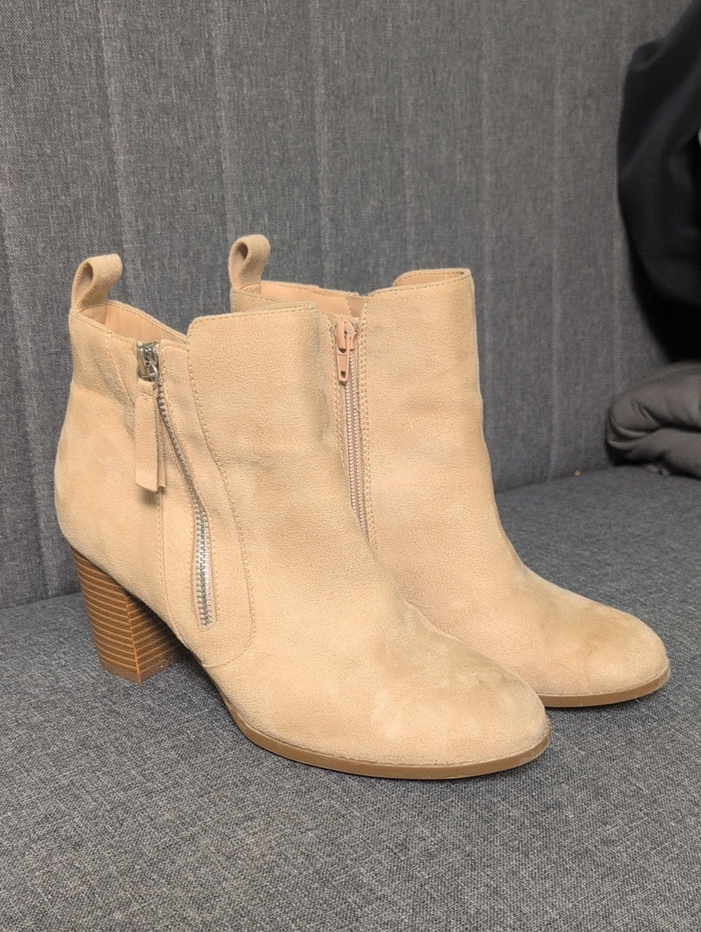 Beige Suede Women's Ankle Booties with Stacked Heel